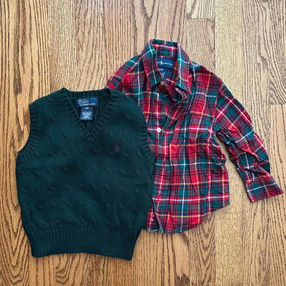 Polo by Ralph Lauren Kids Red Plaid Shirt and Green Sweater Vest